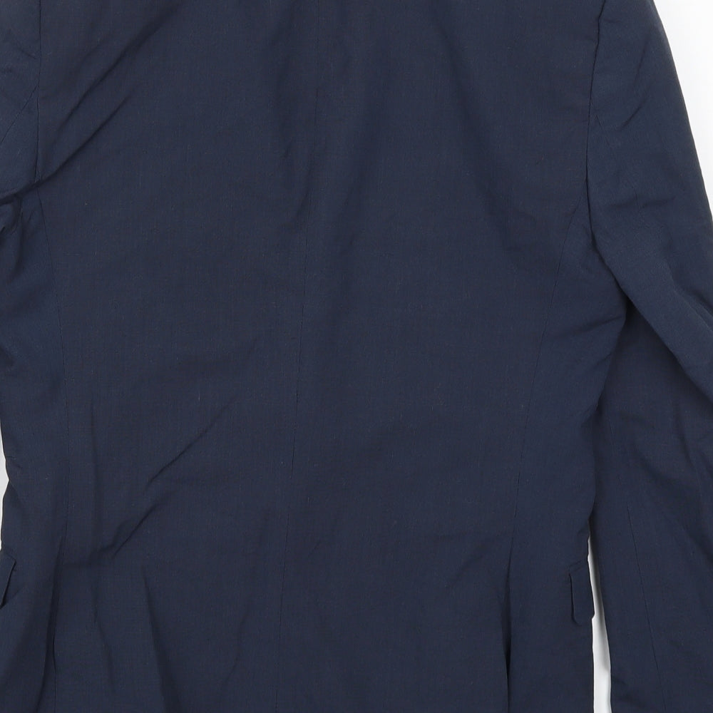 Brand and care label for ASOS men’s blue jacket suit jacket, size 38