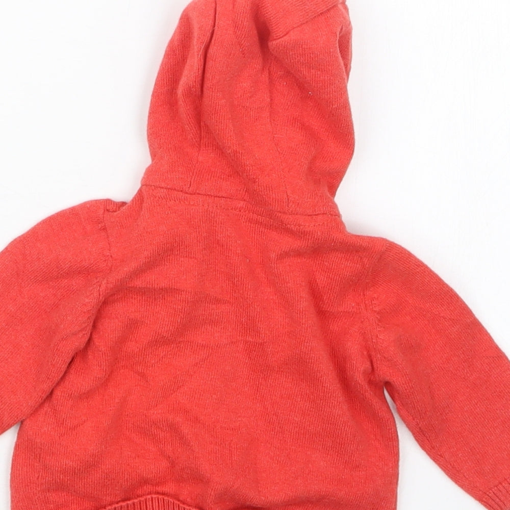 Brand and care label for Marks & Spencer girls’ red knit cardigan jumper, size 0-3, months
