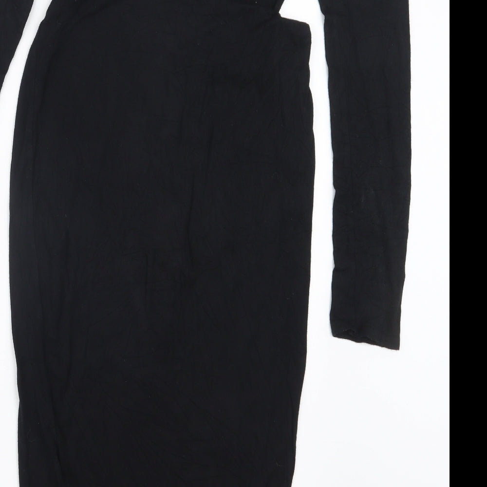 Brand and care label for Boohoo women’s black t-shirt dress, size UK 8