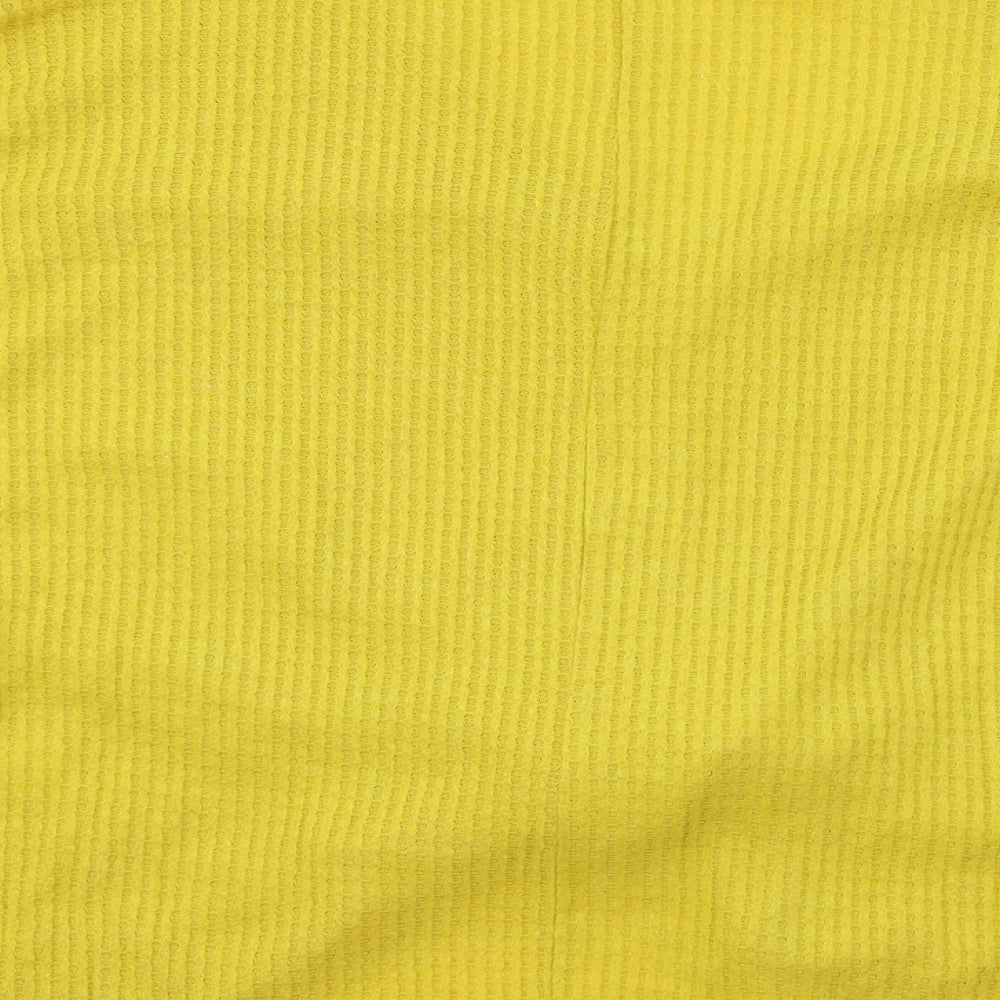 Brand and care label for CY women’s yellow knit cardigan jumper, size L