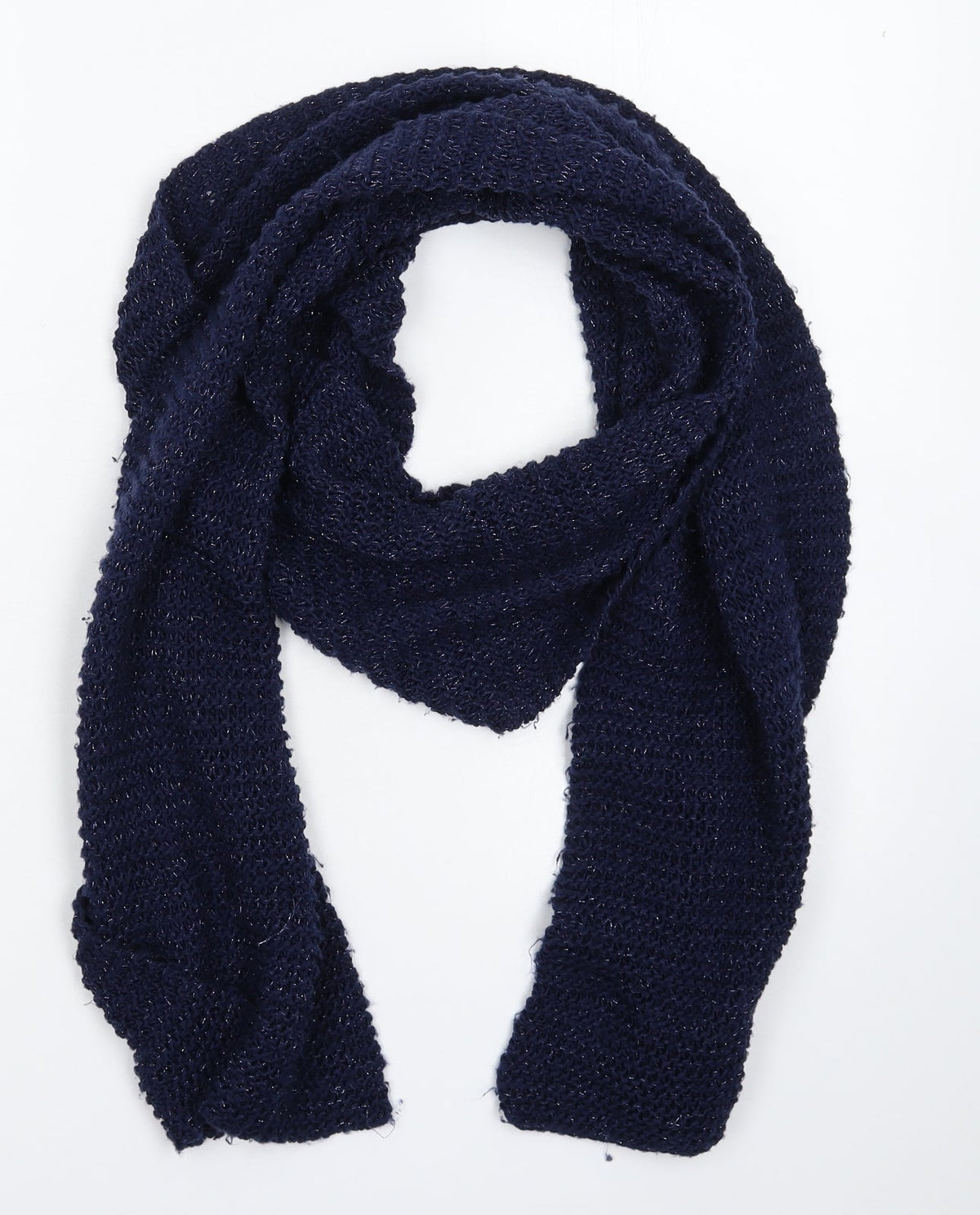 Front view of Preworn women’s blue knit scarf