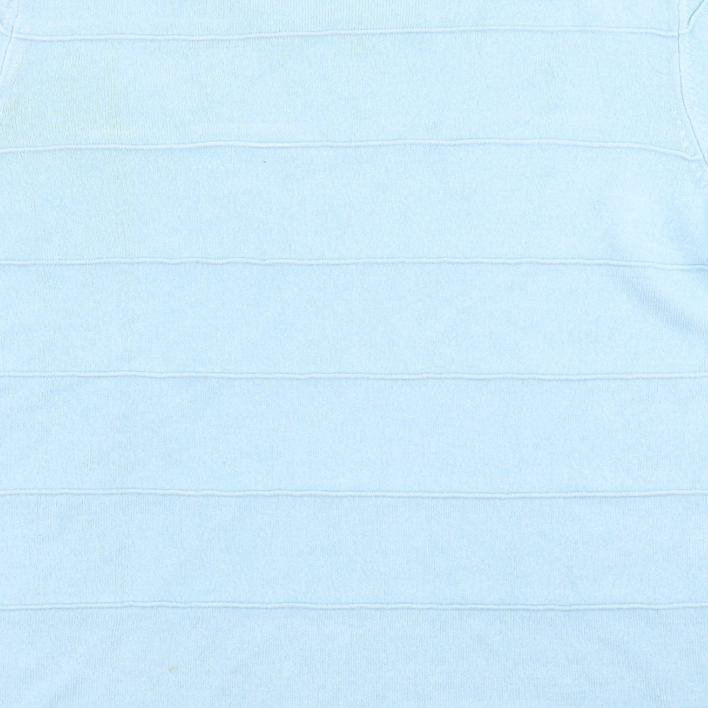 Brand and care label for Marks & Spencer men’s blue t-shirt, size 14