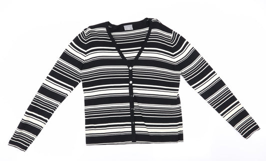 Additional front view of AMARANTO women’s black striped cardigan jumper, size UK 14