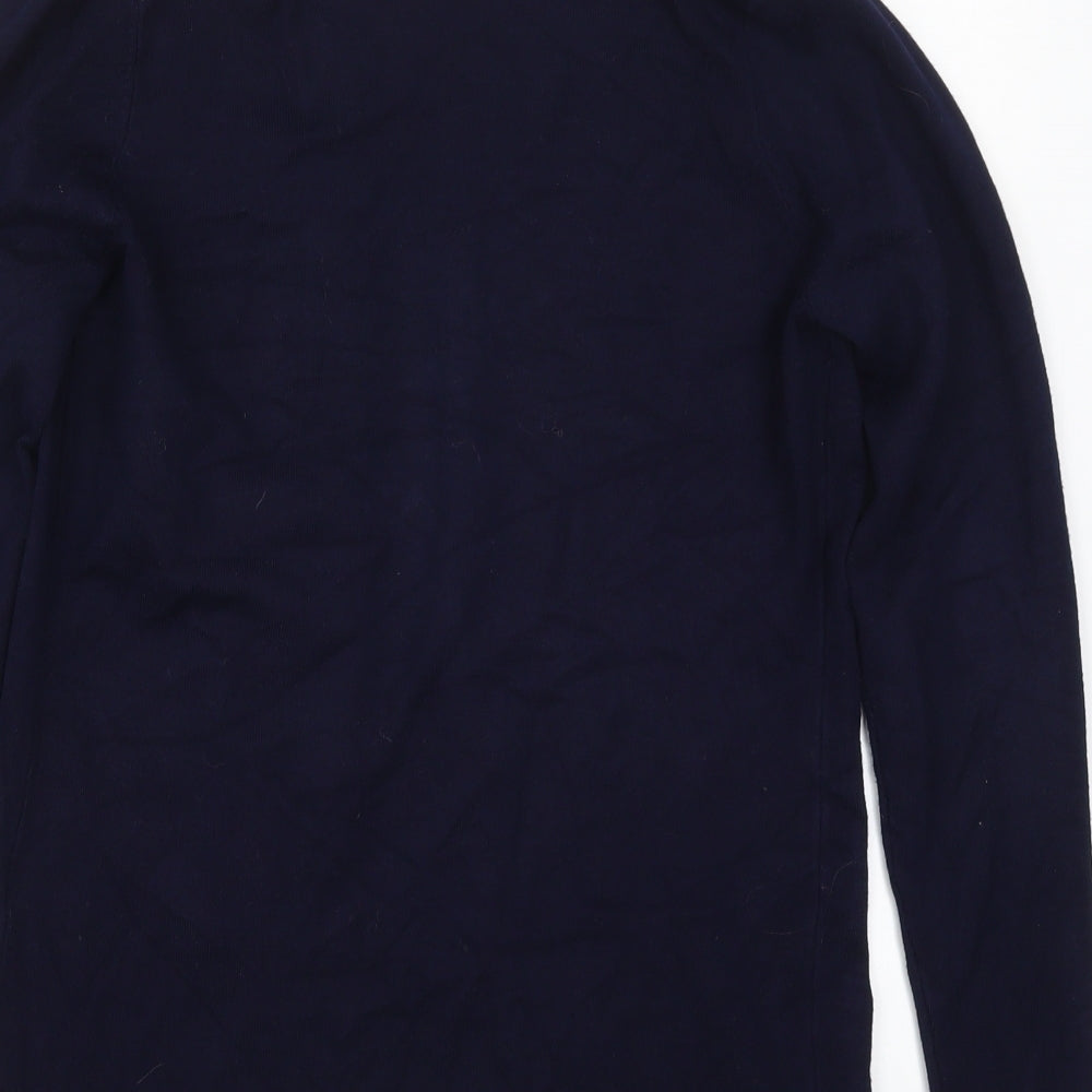 Brand and care label for Preworn women’s blue rayon cardigan jumper, size S