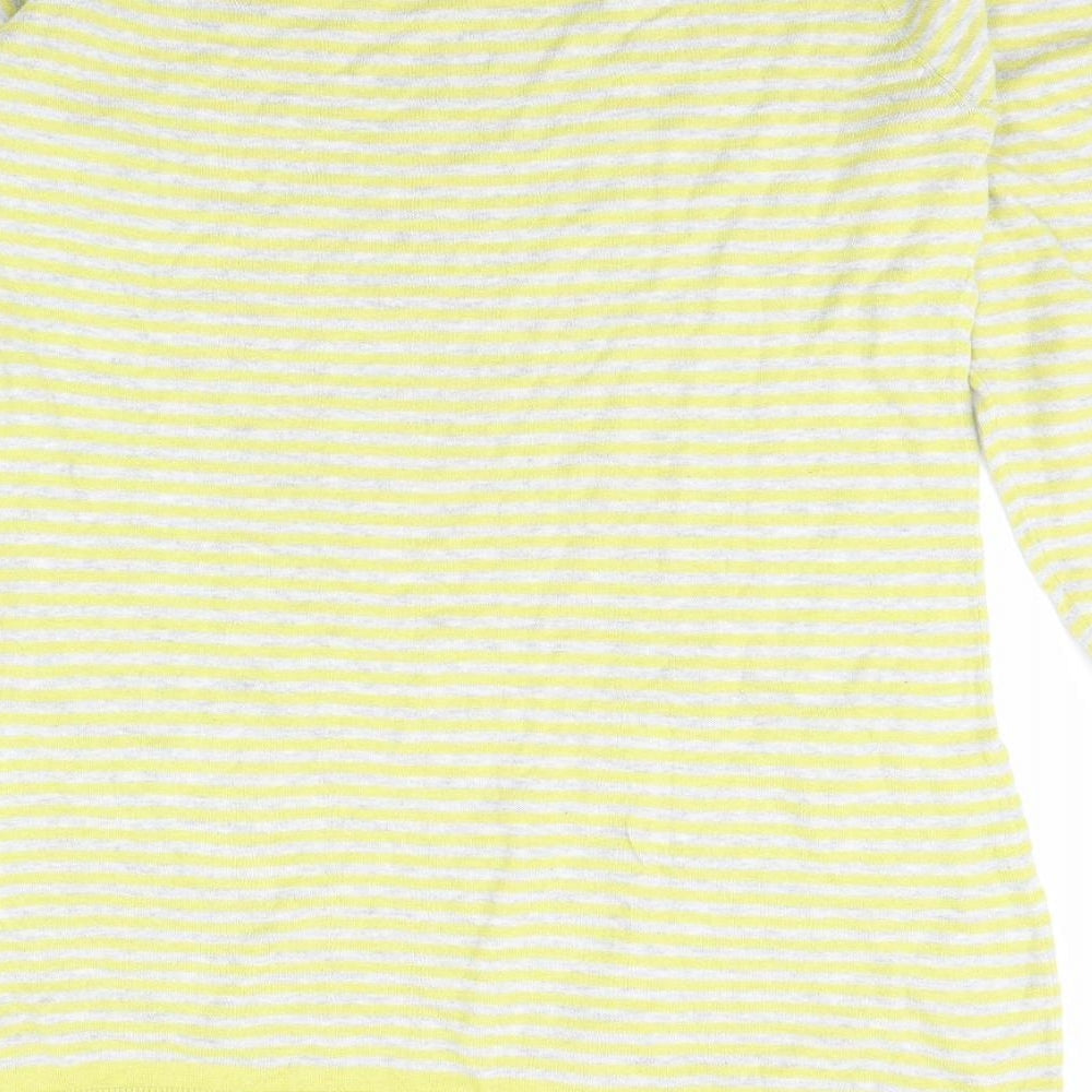 Brand and care label for Lilly & me women’s yellow striped jumper, size UK 12