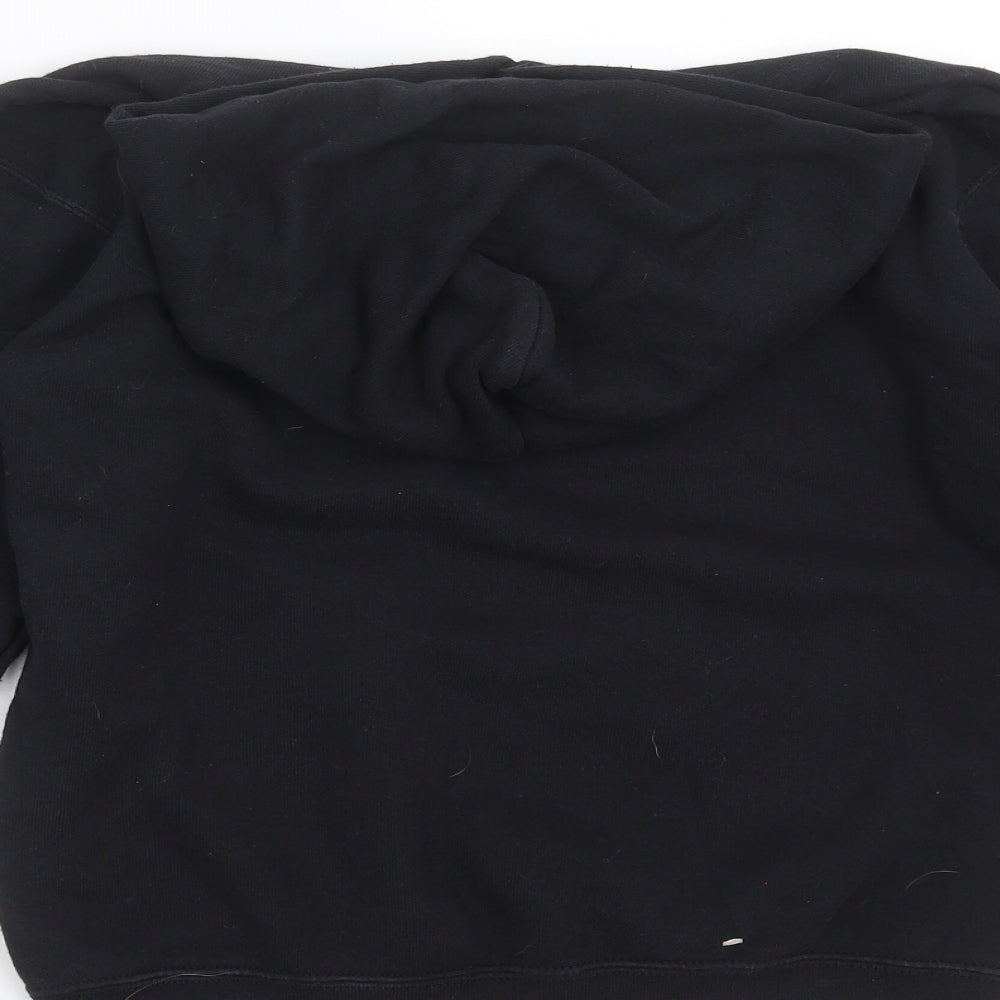 Brand and care label for Fruit of the Loom boys’ black pullover hoodie, size 9-10, years