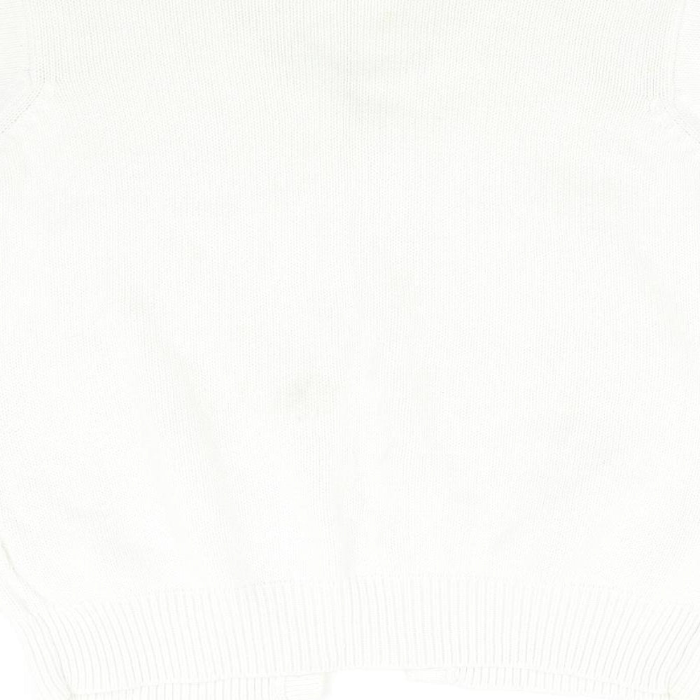 Brand and care label for EWM women’s white knit cardigan jumper, size L