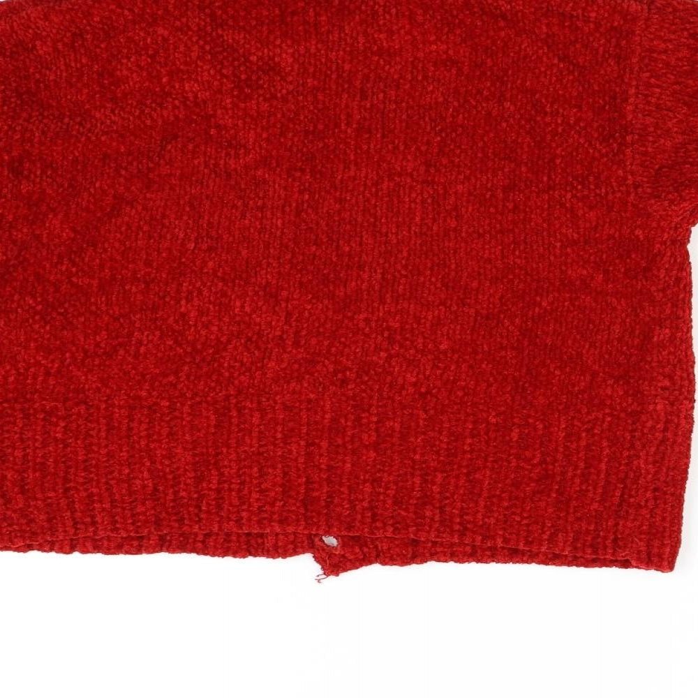 Brand and care label for C&A girls’ red knit cardigan jumper, size 14, years
