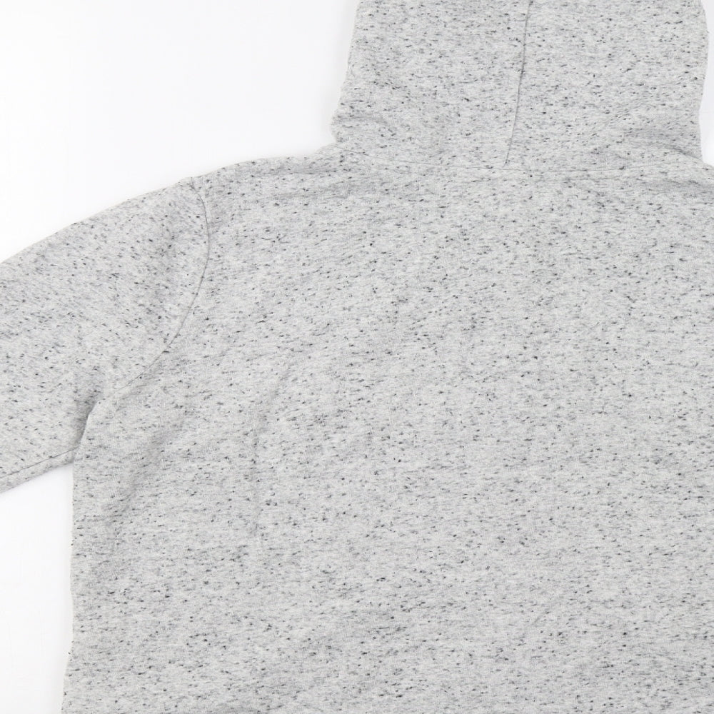 Brand and care label for H&M women’s grey henley hoodie, size M