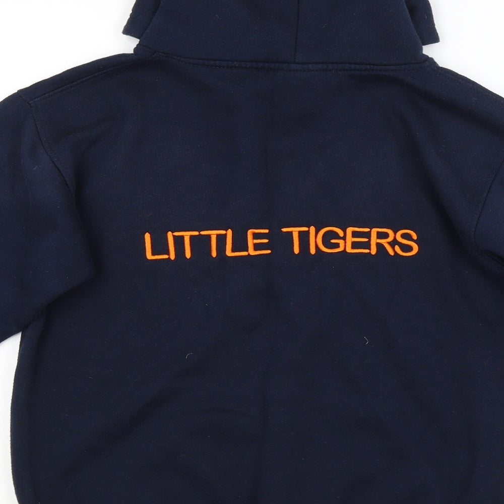 Brand and care label for Preworn boys’ blue pullover hoodie, size 9-10, years
