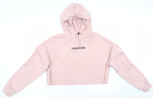 Additional front view of Divided women’s pink pullover hoodie, size UK 10, - lovers over haters - cropped