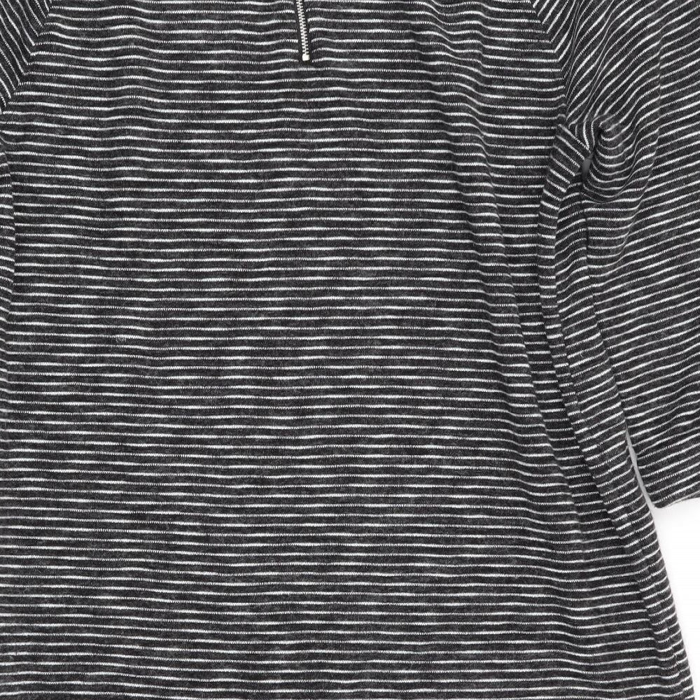 Brand and care label for New Look women’s black striped jumper dress, size UK 14, - back zip