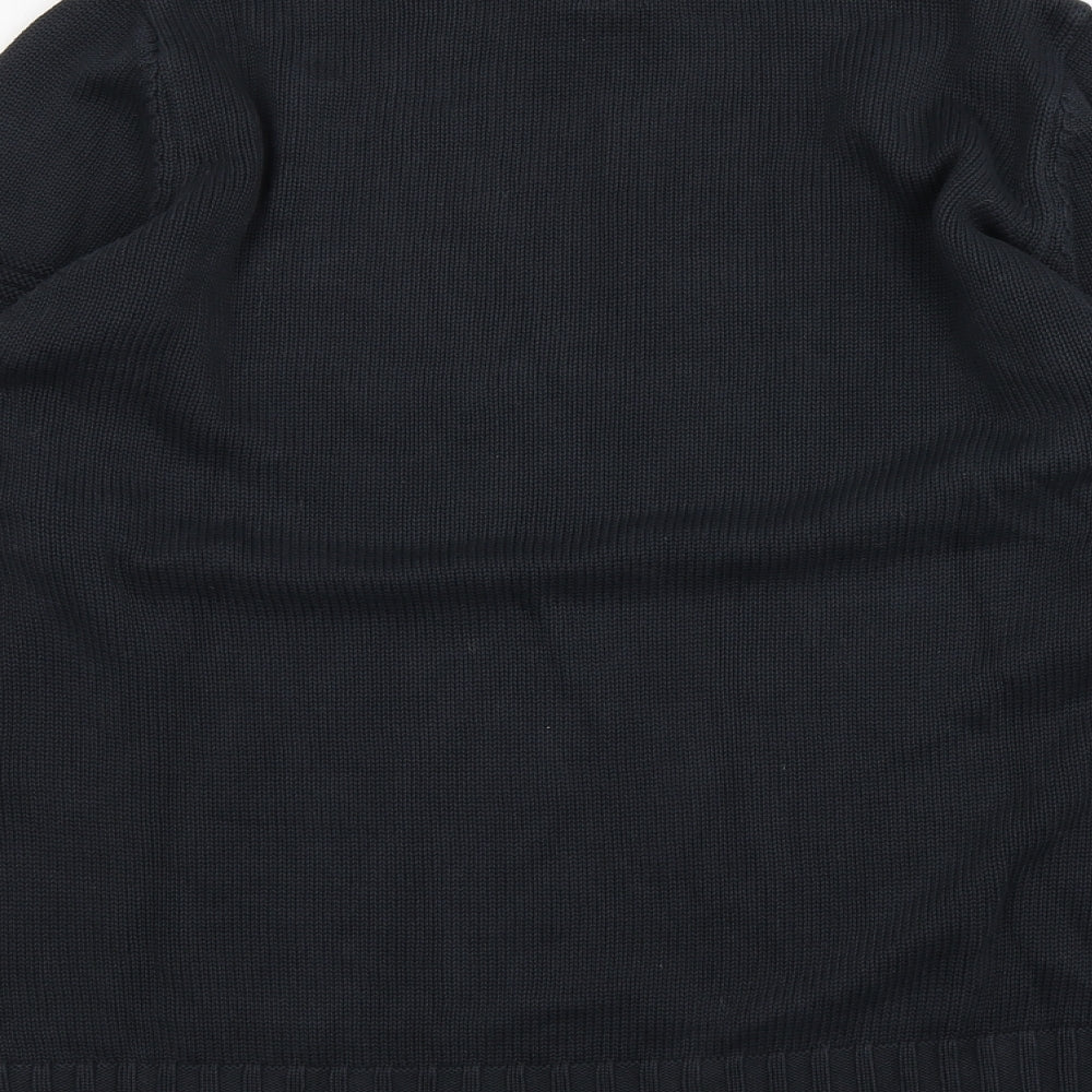 Brand and care label for ASOS men’s blue jumper, size L