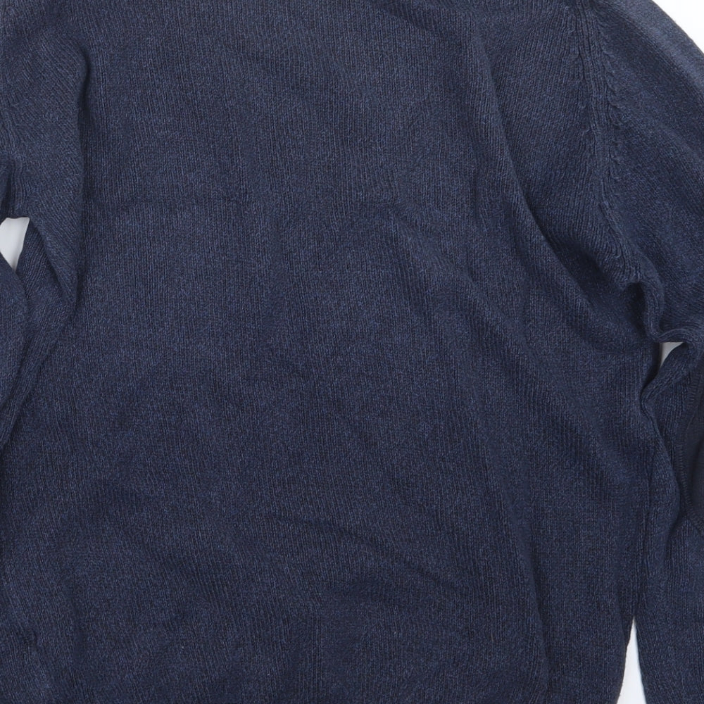 Brand and care label for Easy men’s blue knit jumper, size S