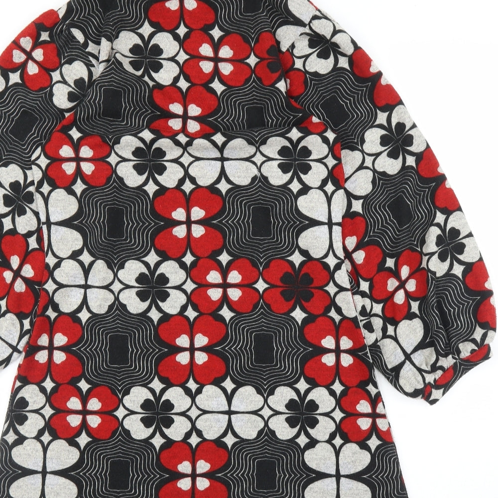 Brand and care label for women’s grey floral jumper dress, size S