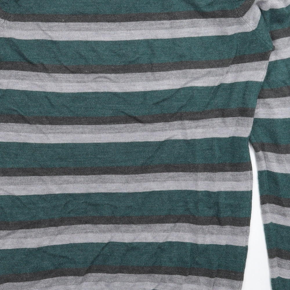 Brand and care label for Cedarwood State men’s multicoloured striped knit jumper, size XS