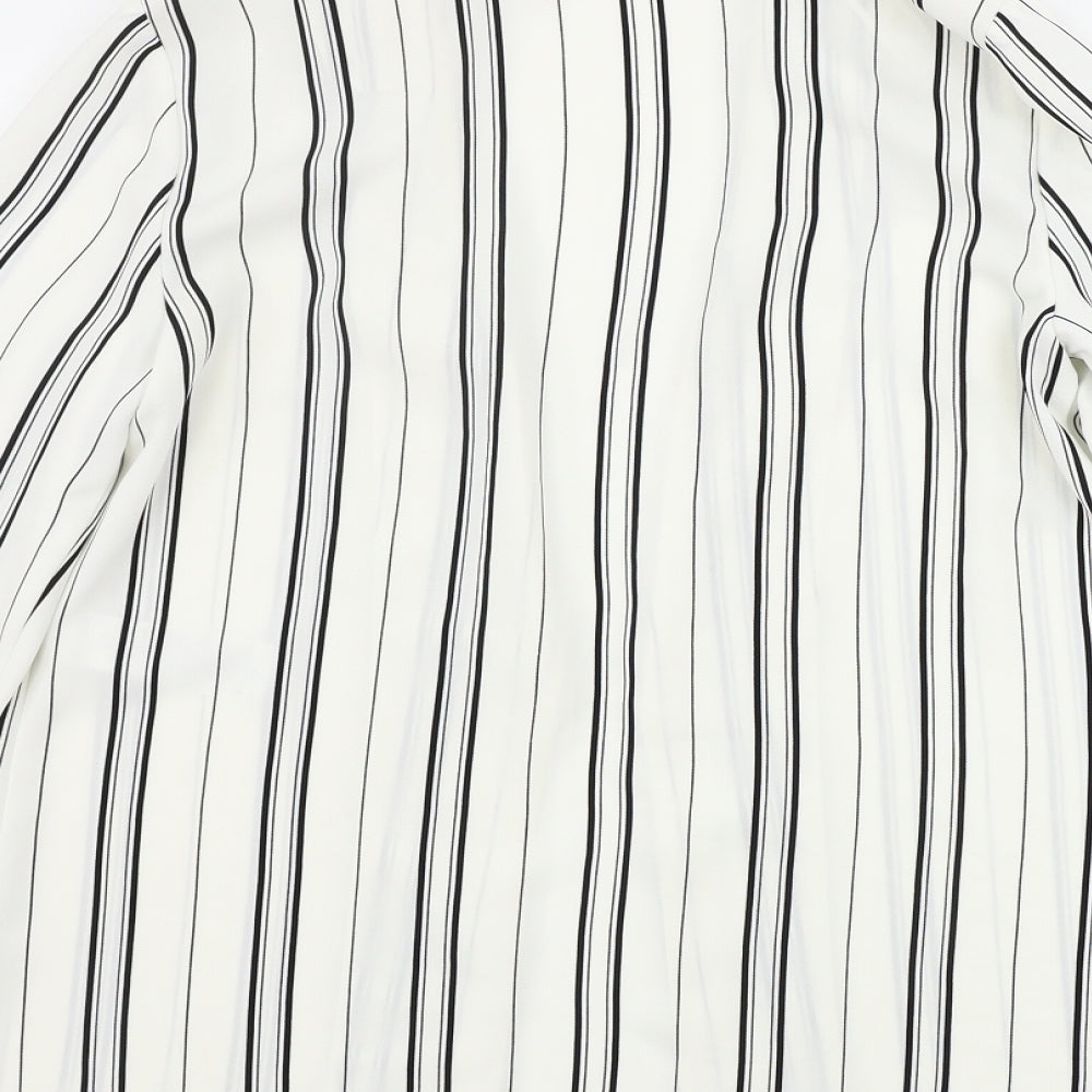 Brand and care label for New Look women’s white striped cardigan jumper, size UK 6