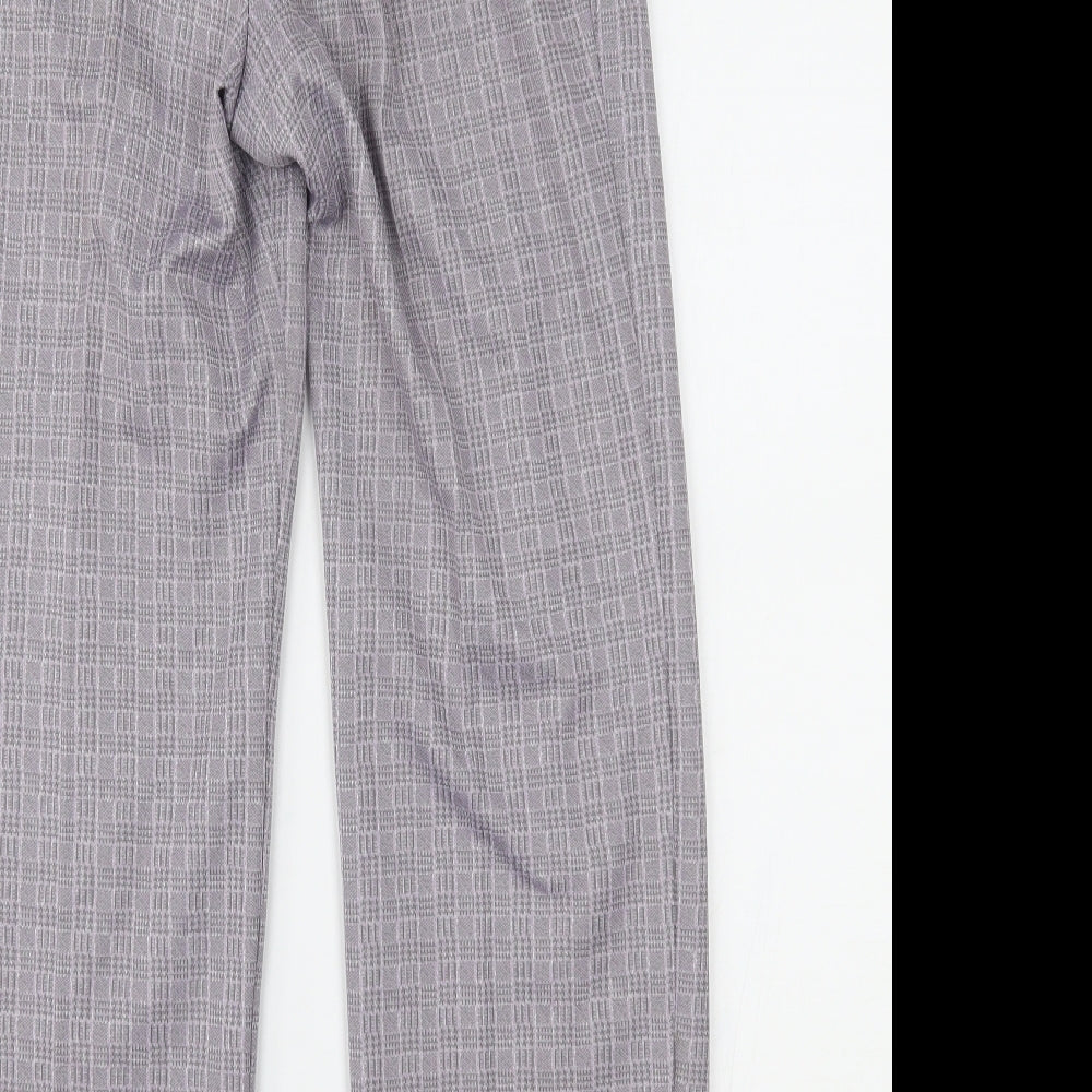 Brand and care label for Marks & Spencer men’s purple houndstooth trousers, size 16, 27-inch leg