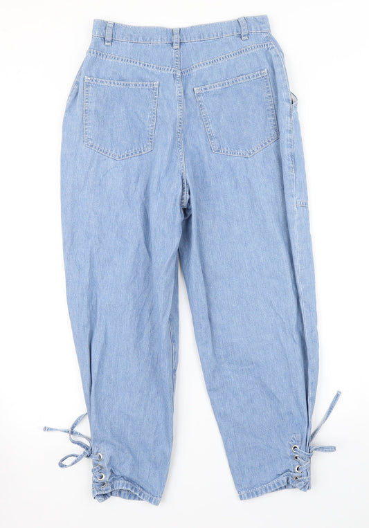 Back view of ASOS women’s blue denim tapered jeans, size UK 28, in, 28-inch leg