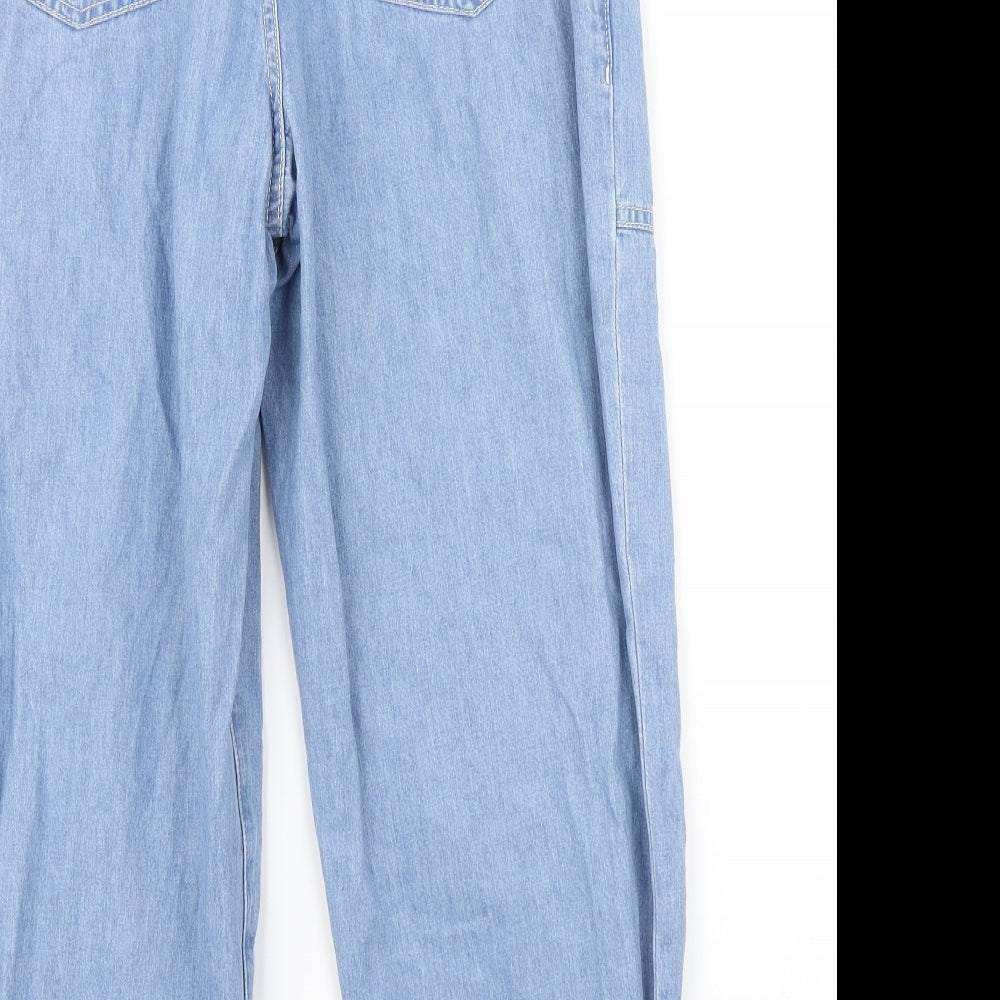 Brand and care label for ASOS women’s blue denim tapered jeans, size UK 28, in, 28-inch leg