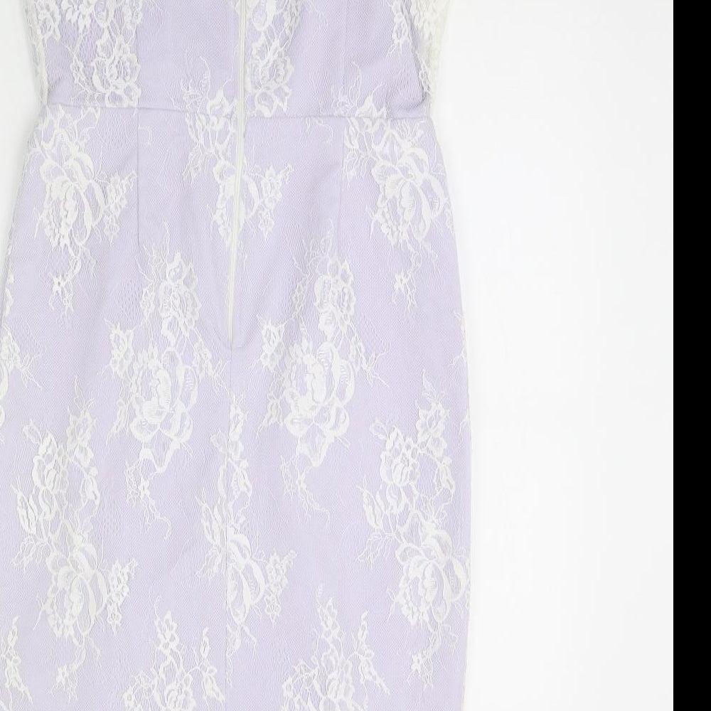 Brand and care label for Paper Dolls women’s purple pencil dress, size UK 12