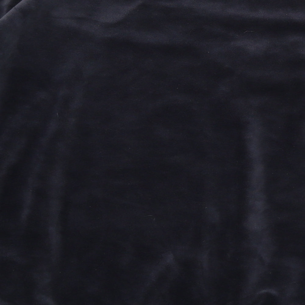 Brand and care label for H&M women’s blue velour pullover sweatshirt, size M