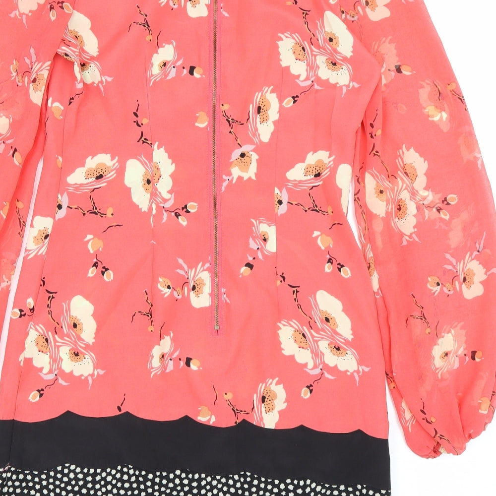 Brand and care label for Miss Selfridge women’s pink floral t-shirt dress, size UK 8