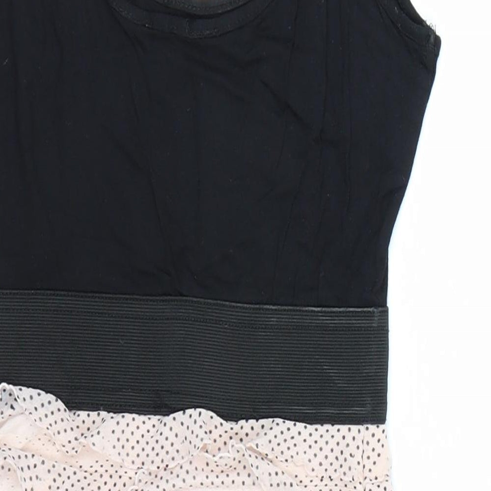 Brand and care label for New Look women’s pink polka dot tank dress, size UK 8