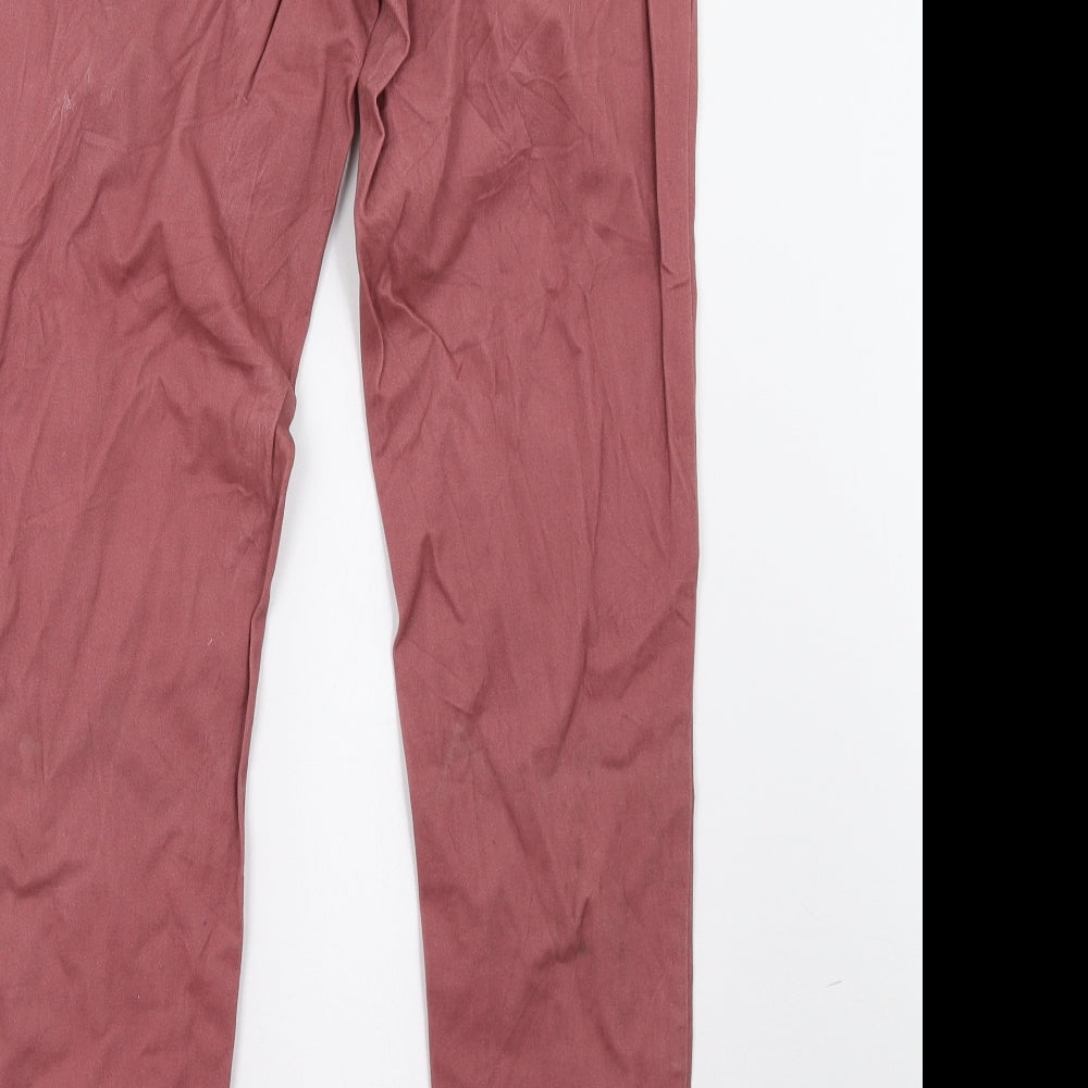 Brand and care label for up fashion men’s pink trousers, size 30, 32-inch leg