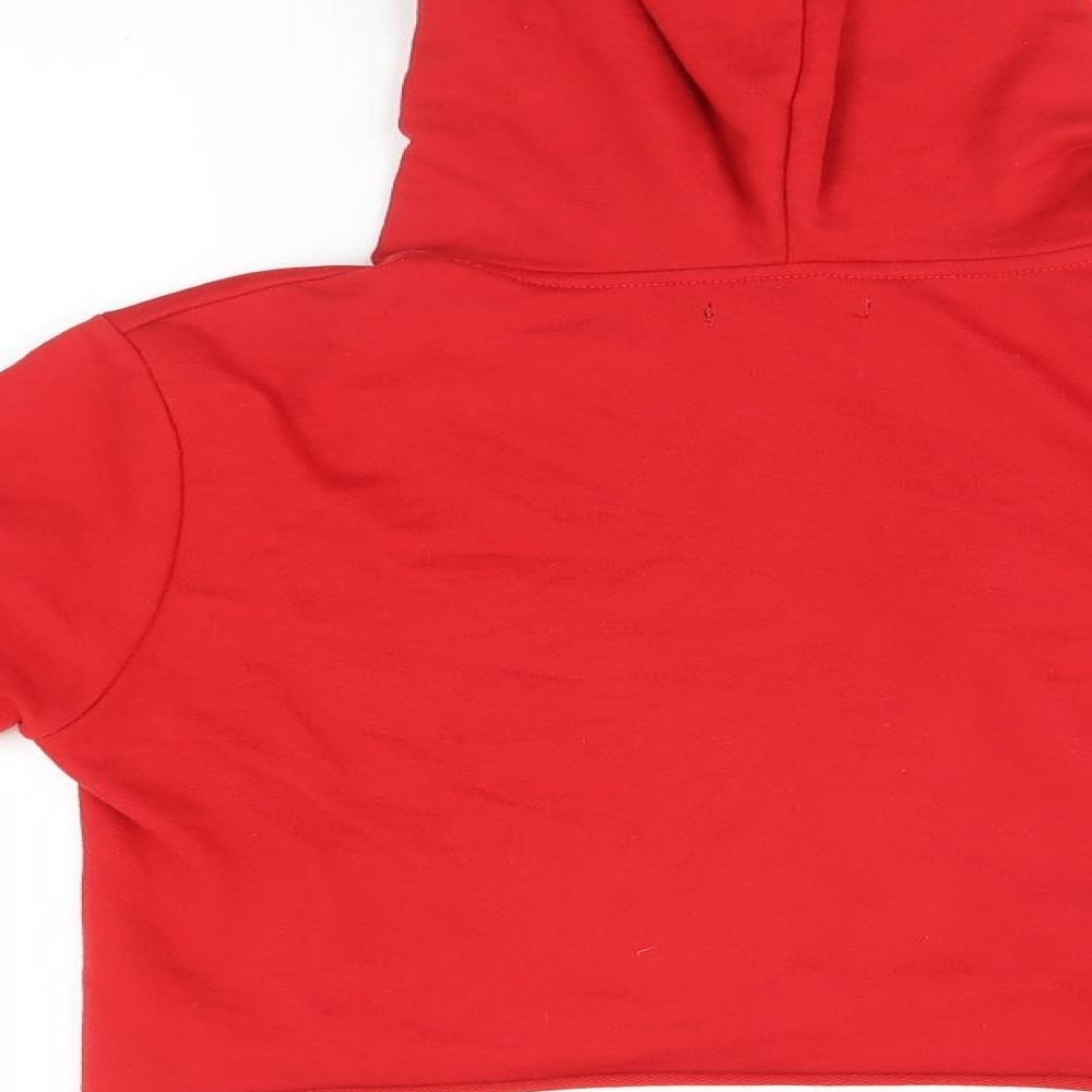 Brand and care label for Boohoo women’s red pullover hoodie, size S