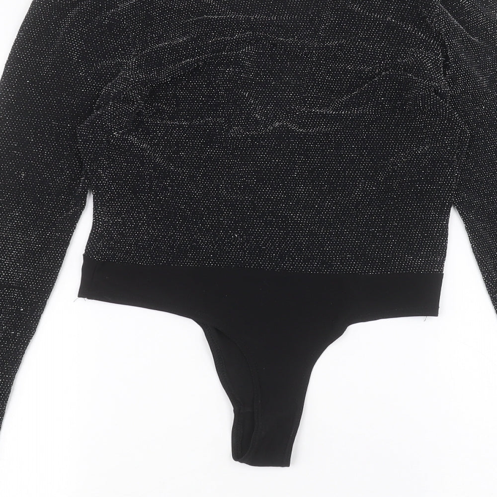 Brand and care label for I SAW IT FIRST women’s black bodysuit one-piece, size S