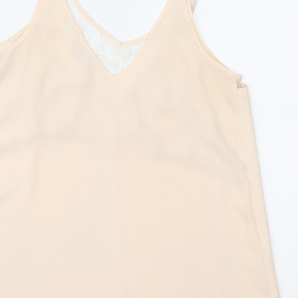 Brand and care label for River Island women’s pink camisole tank, size UK 8