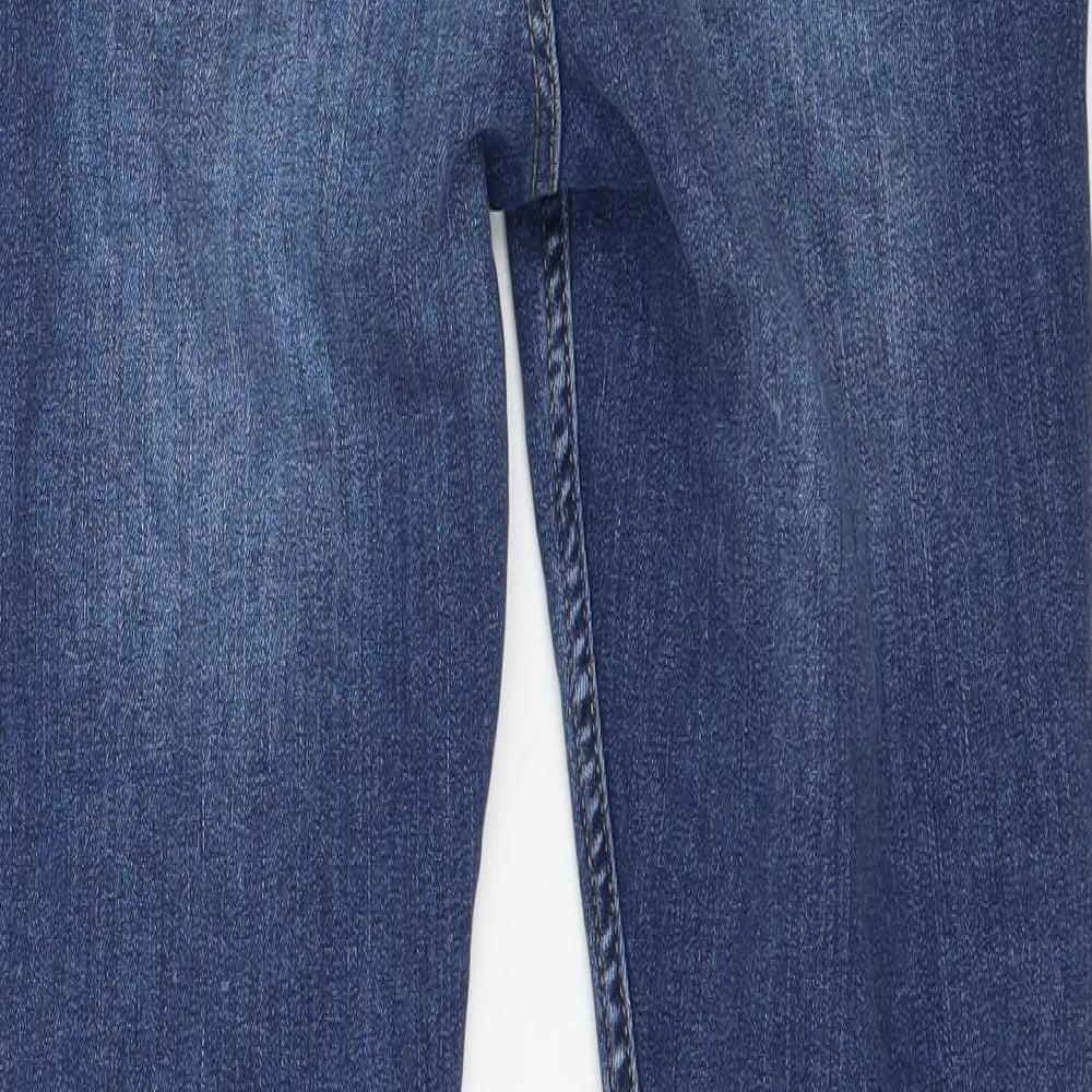 Brand and care label for ASOS women’s blue denim skinny jeans, size UK 32, in, 31-inch leg