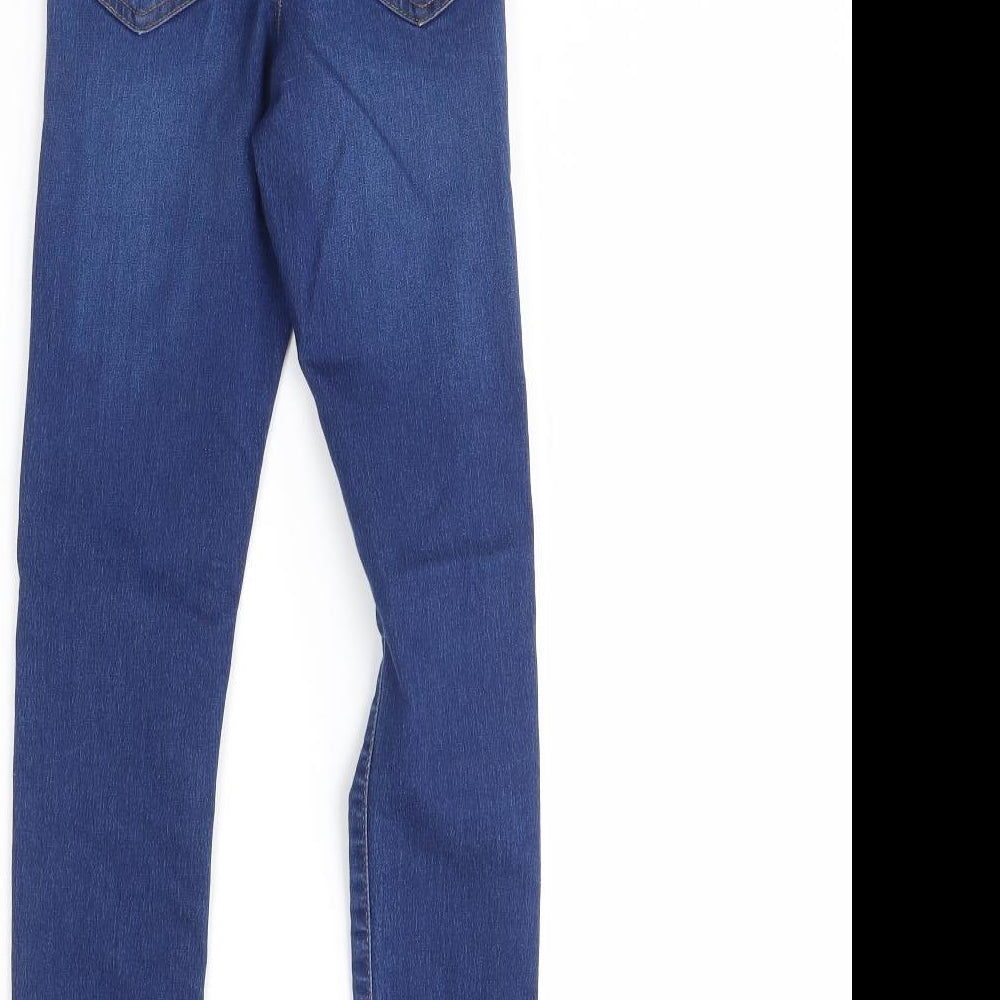 Brand and care label for Miss Selfridge women’s blue denim skinny jeans, size UK 4, 28-inch leg