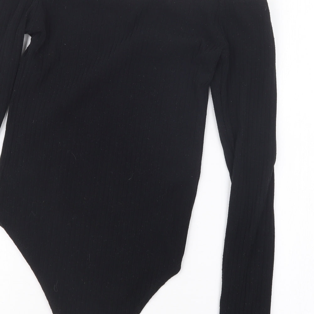 Brand and care label for New Look women’s black bodysuit one-piece, size UK 10