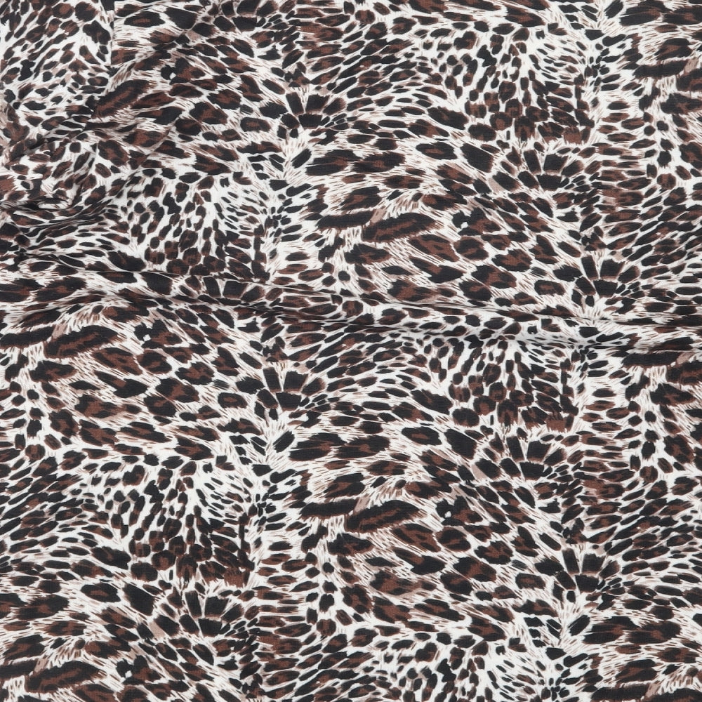 Brand and care label for Kin Da women’s brown animal print basic t-shirt, size L