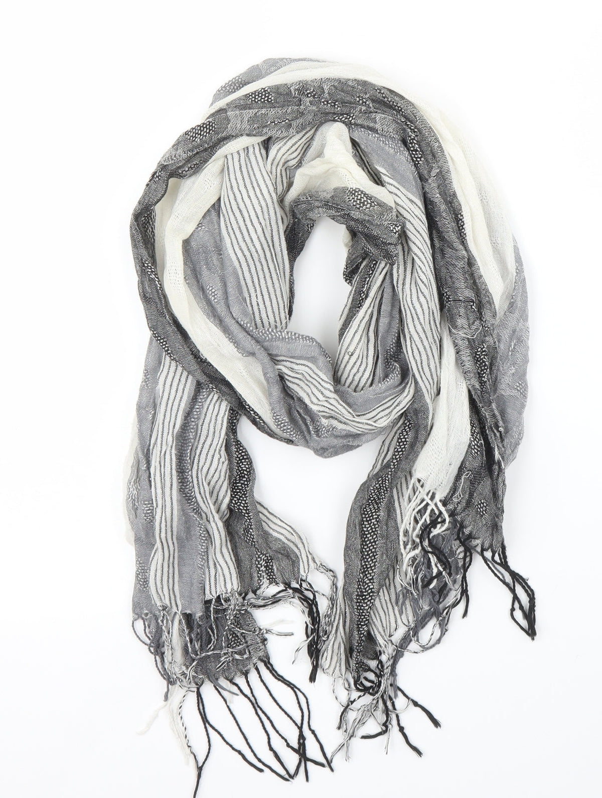 Front view of Preworn unisex grey striped scarf