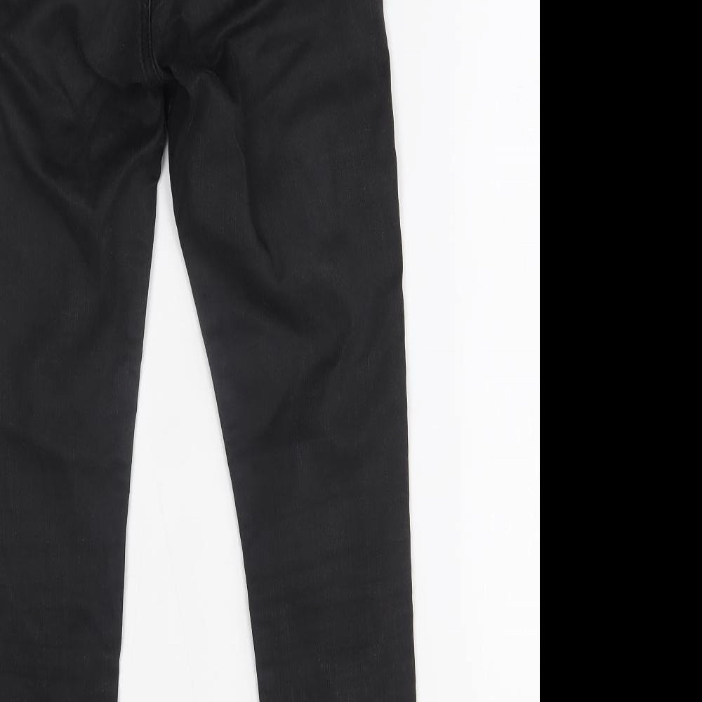 Brand and care label for Topshop women’s black skinny jeans, size UK 28, in, 32-inch leg