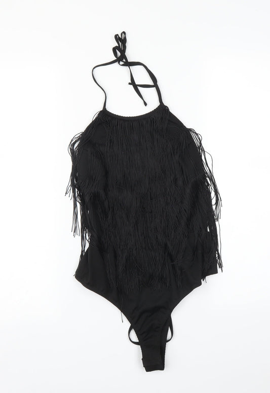Additional front view of PRETTYLITTLETHING women’s black bodysuit one-piece, size UK 4