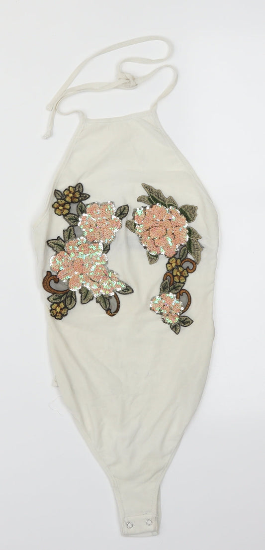 Additional front view of PRETTYLITTLETHING women’s white floral bodysuit one-piece, size UK 4