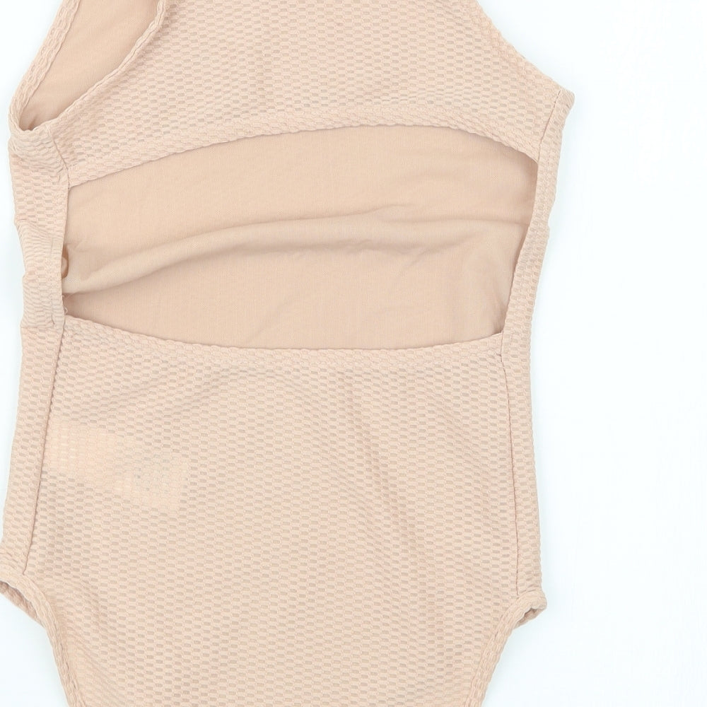 Brand and care label for Topshop women’s beige bodysuit one-piece, size UK 6
