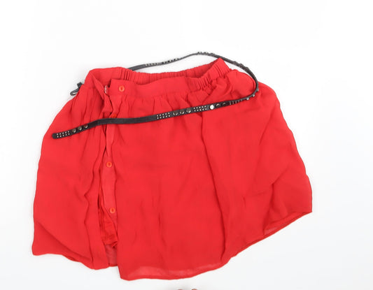 Additional front view of River Island women’s red mini skirt, size UK 8, - belted