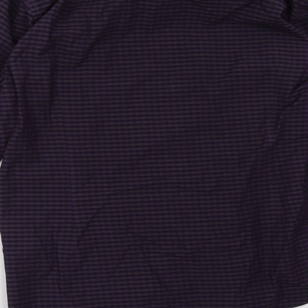 Brand and care label for Cedarwood State men’s purple check polo, size 16.5