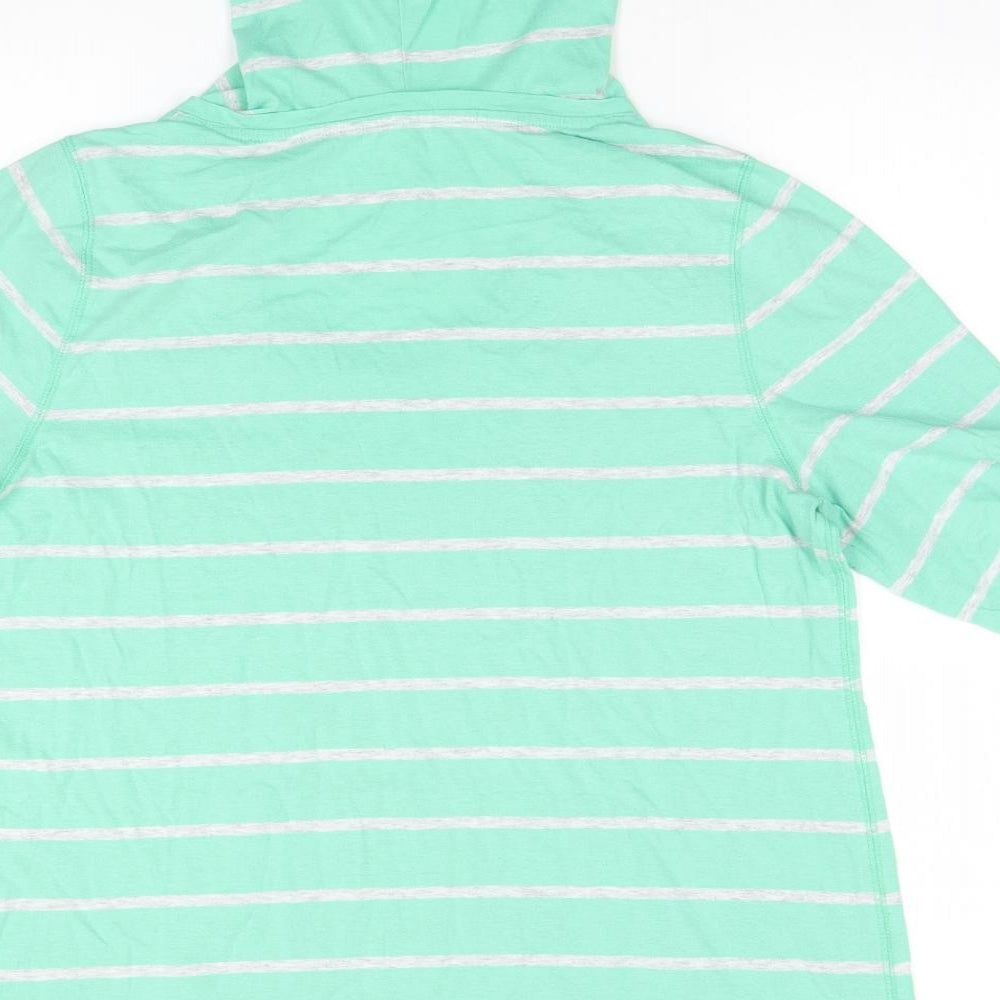 Brand and care label for Sonoma men’s green striped pullover hoodie, size L