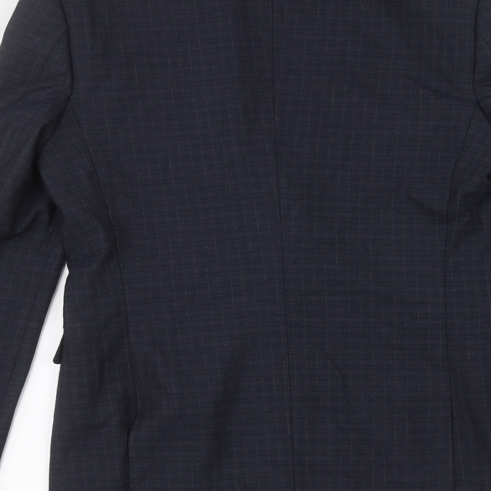 Brand and care label for ASOS men’s blue jacket suit jacket, size 38