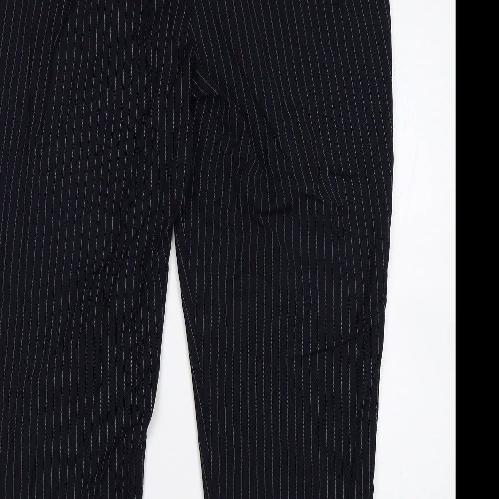 Brand and care label for New Look women’s blue striped trousers, size UK 16, 26-inch leg