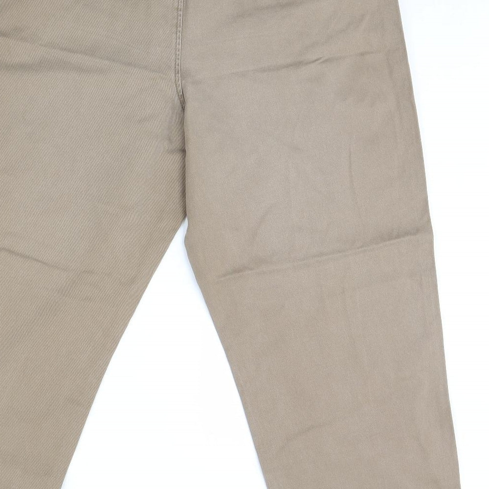 Brand and care label for Cherokee women’s beige straight jeans, size UK 38, in, 30-inch leg