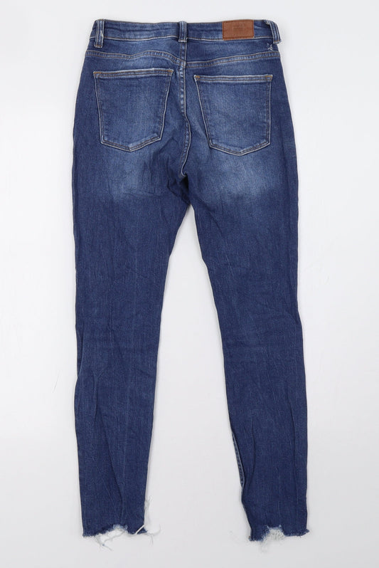 Back view of Bershka women’s blue denim skinny jeans, size UK 26, 28-inch leg
