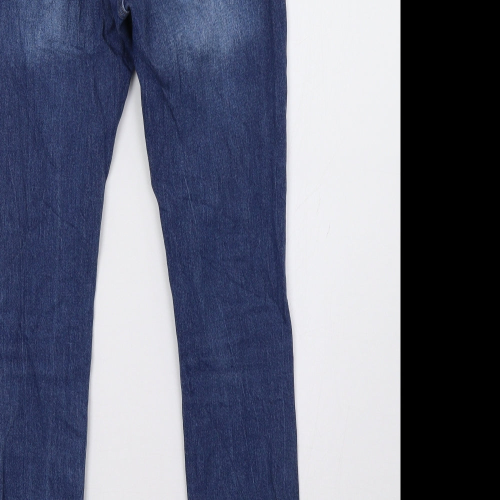 Brand and care label for Bershka women’s blue denim skinny jeans, size UK 26, 28-inch leg