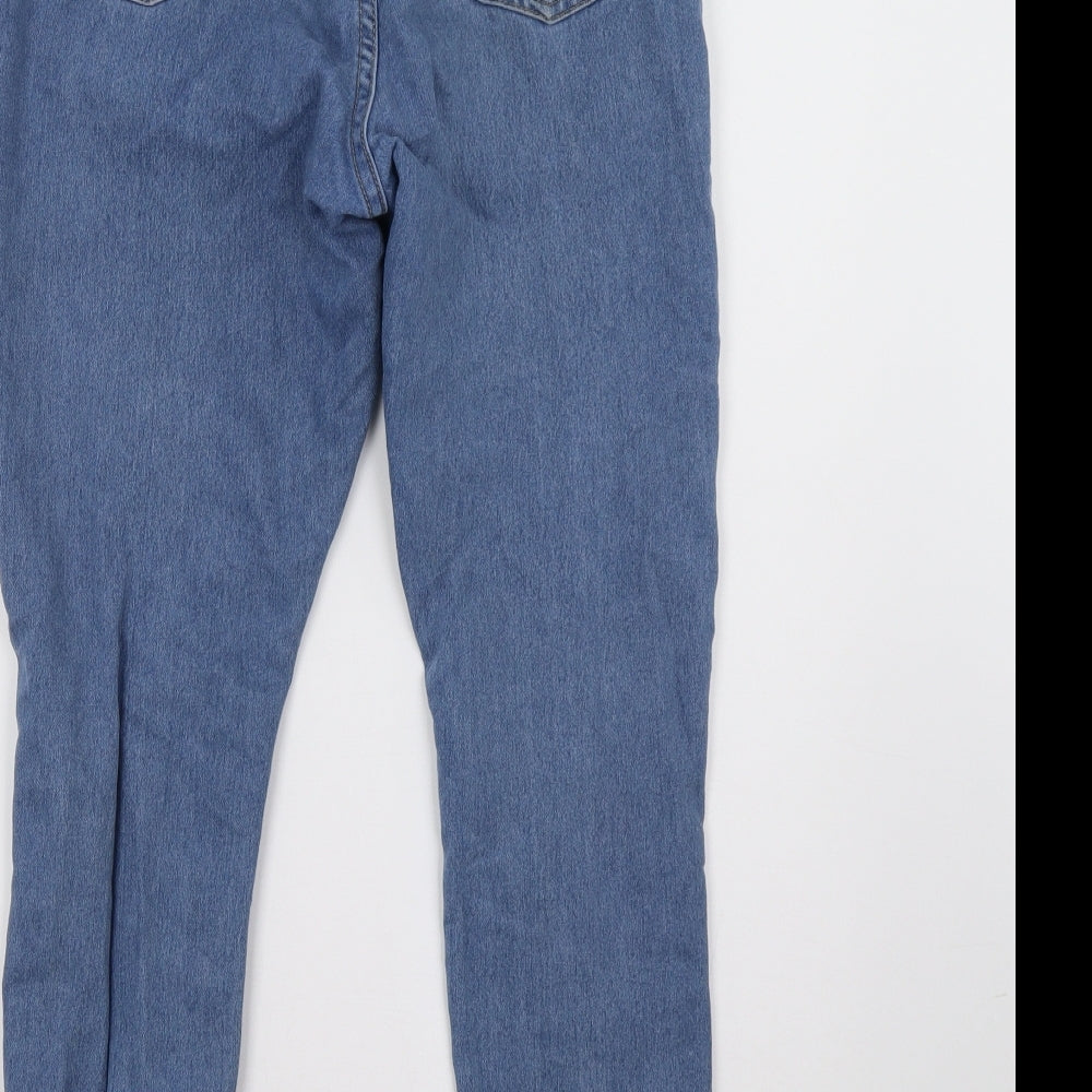 Brand and care label for Boohoo women’s blue denim straight jeans, size UK 10, 30-inch leg